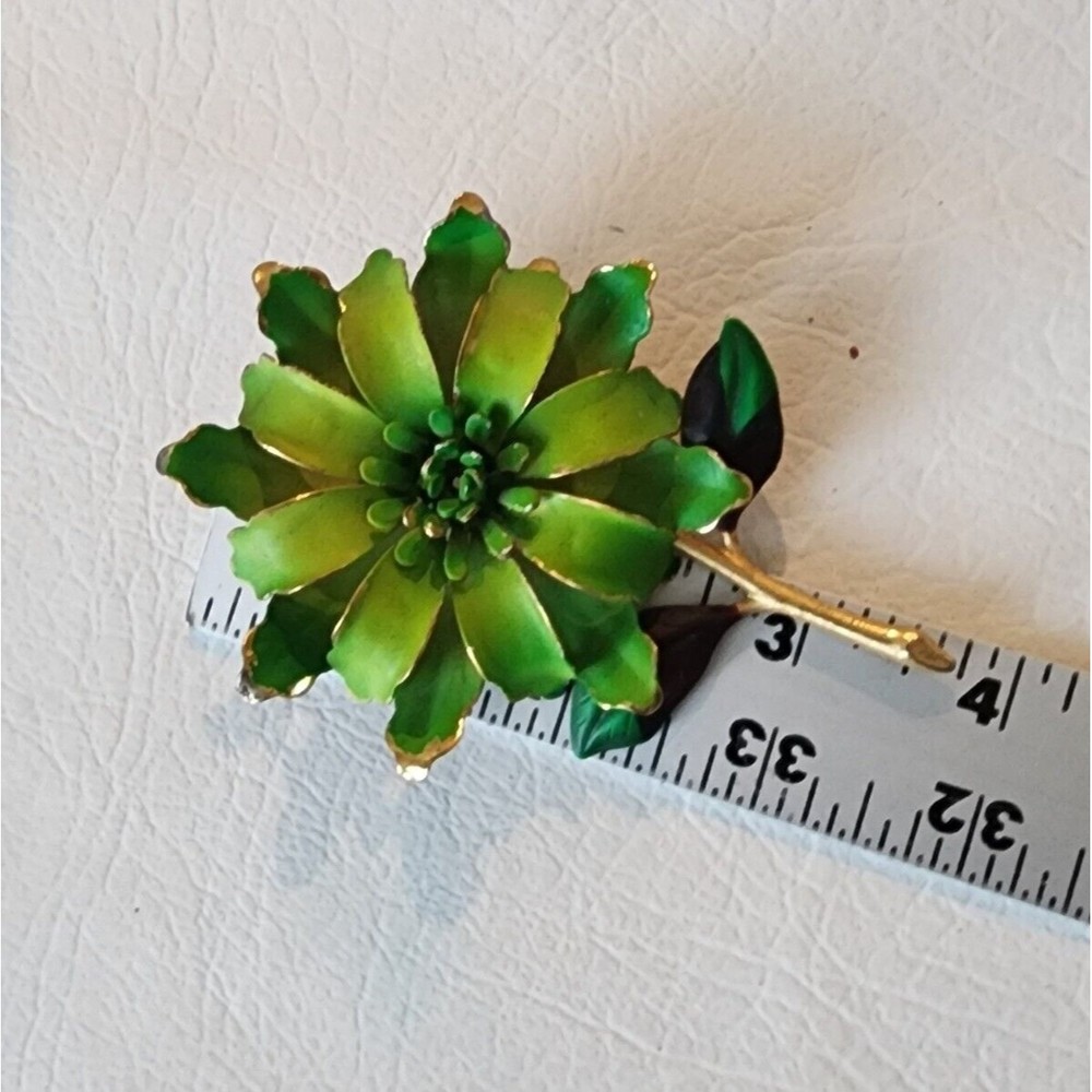 Vintage 1950-60s 2-Tone Green Enamel Layered Metal Huge Flower Brooch Pin 4" - Picture 6 of 6